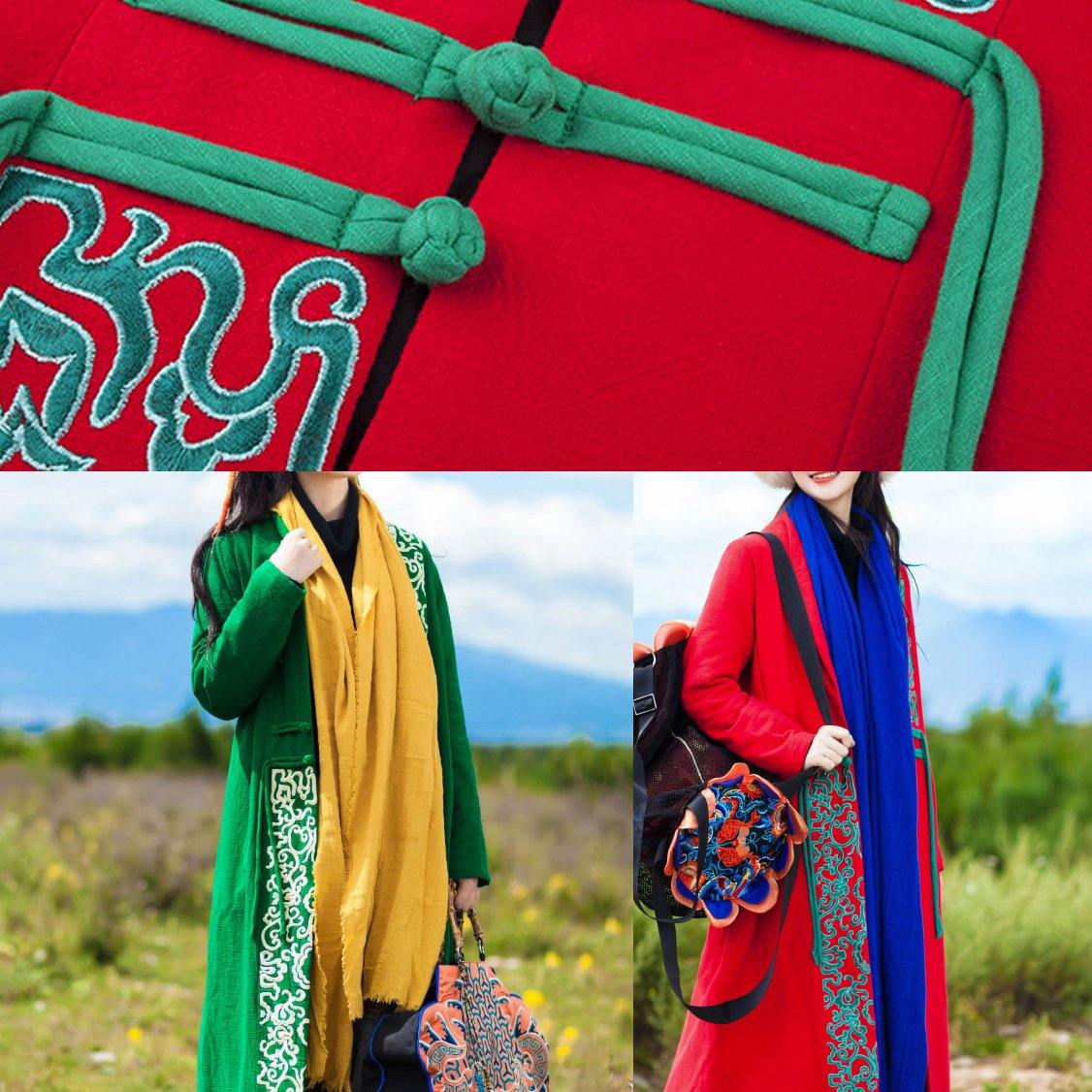 New plus size warm winter coat embroidery outwear green winter overcoat - SooLinen