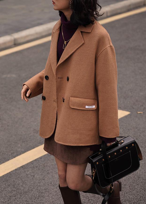 New plus size winter coat women coats khaki Notched back side open Woolen Coats - SooLinen