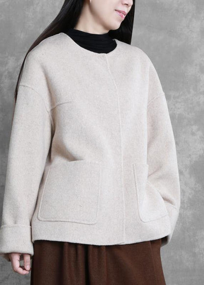 New plus size winter coats beige o neck pockets Woolen Coats - SooLinen