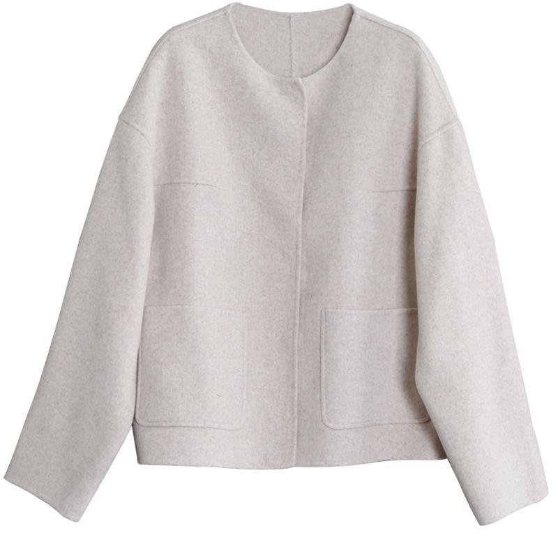 New plus size winter coats beige o neck pockets Woolen Coats - SooLinen