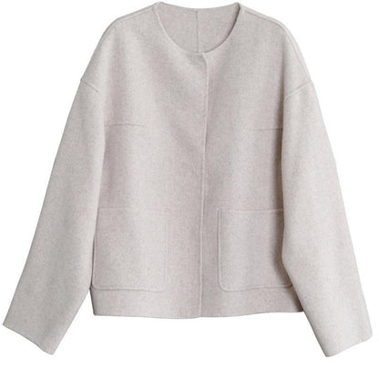 New plus size winter coats beige o neck pockets Woolen Coats - SooLinen
