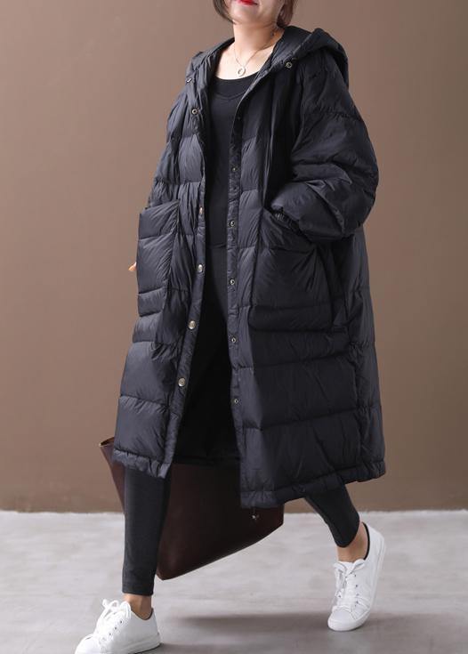New plus size winter jacket black hooded zippered duck down coat - SooLinen