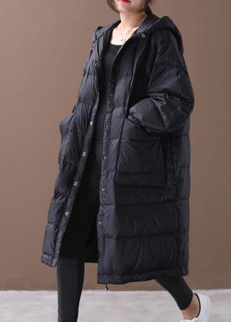 New plus size winter jacket black hooded zippered duck down coat - SooLinen