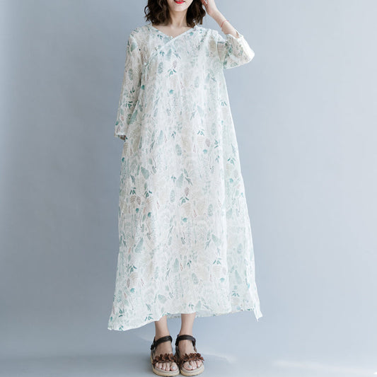 Neue bedruckte Leinenkleider, übergroßes Reisekleid, lässige Baggy-Kleider mit Dreiviertelärmeln und V-Ausschnitt