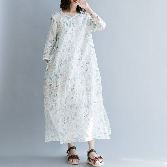 Neue bedruckte Leinenkleider, übergroßes Reisekleid, lässige Baggy-Kleider mit Dreiviertelärmeln und V-Ausschnitt