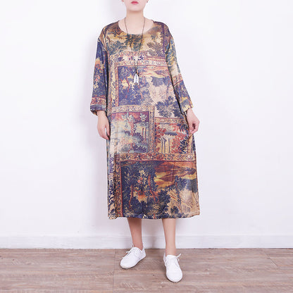 Neue Drucke Midi-Mischkleider Reisekleid in Übergröße Neues Kleid aus Naturmischung mit Rundhalsausschnitt und Armreifärmeln