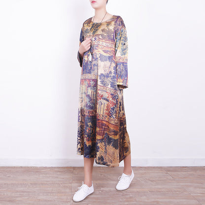Neue Drucke Midi-Mischkleider Reisekleid in Übergröße Neues Kleid aus Naturmischung mit Rundhalsausschnitt und Armreifärmeln
