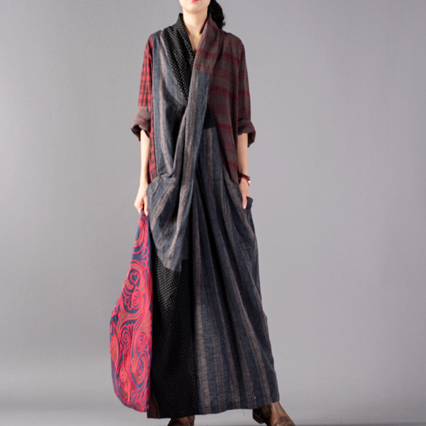Neu Rot Plaid oversize v hals patchwork leinen kleidung kleid frauen taschen asymmetrische design