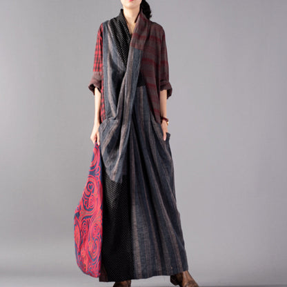 Neu Rot Plaid oversize v hals patchwork leinen kleidung kleid frauen taschen asymmetrische design