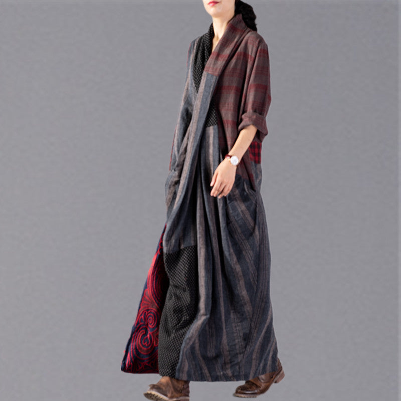 Neu Rot Plaid oversize v hals patchwork leinen kleidung kleid frauen taschen asymmetrische design