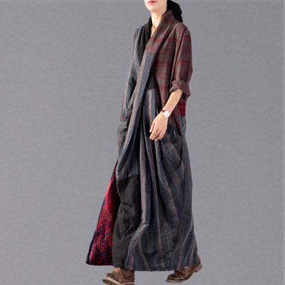 Neu Rot Plaid oversize v hals patchwork leinen kleidung kleid frauen taschen asymmetrische design