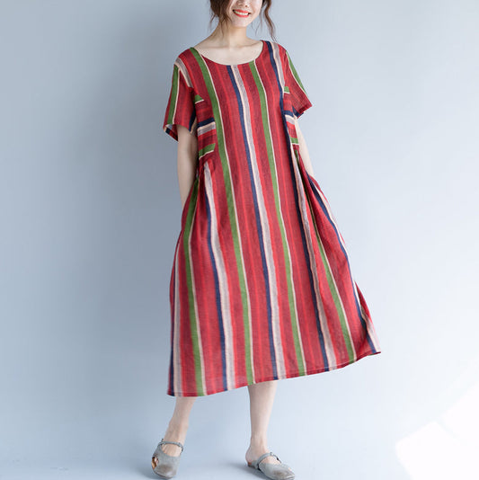 Neues rotes Maxikleid aus Baumwolle und Leinen, trendig, Übergröße, O-Ausschnitt, Reisekleidung 2018, gestreiftes Kurzarmkleid