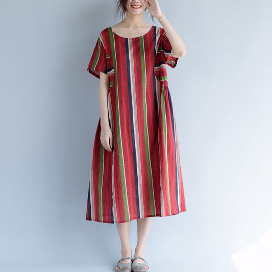 Neues rotes Maxikleid aus Baumwolle und Leinen, trendig, Übergröße, O-Ausschnitt, Reisekleidung 2018, gestreiftes Kurzarmkleid