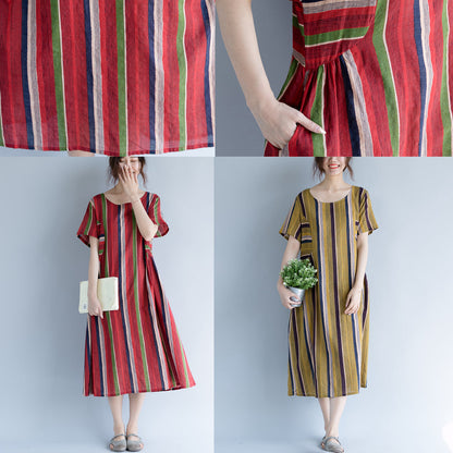 Neues rotes Maxikleid aus Baumwolle und Leinen, trendig, Übergröße, O-Ausschnitt, Reisekleidung 2018, gestreiftes Kurzarmkleid