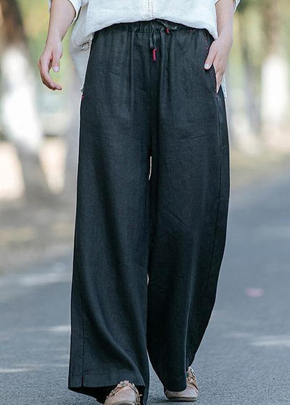 New style literature and art black casual pants Elastic Waist Wide Leg Pants - SooLinen