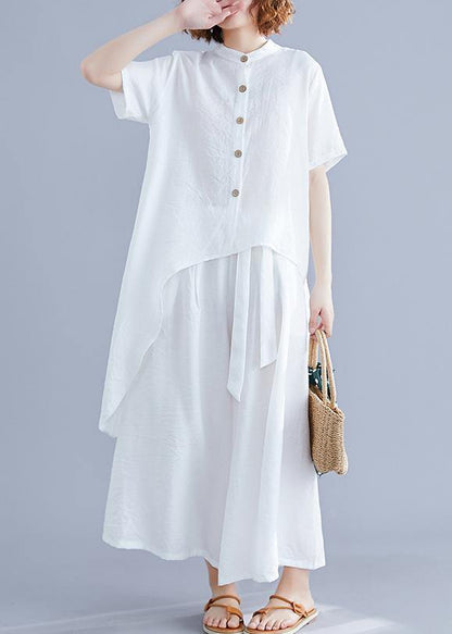 New suit retro silk hemp white irregular short-sleeved shirt + elastic waist strap wide-leg pants - SooLinen