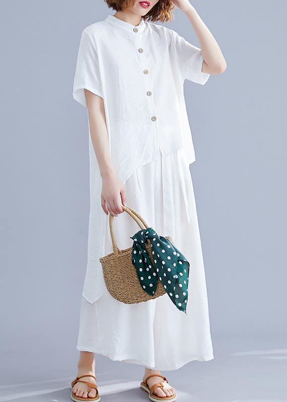 New suit retro silk hemp white irregular short-sleeved shirt + elastic waist strap wide-leg pants - SooLinen
