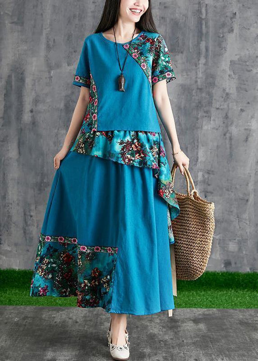 New summer cotton and linen contrast color mosaic blue print small fresh ethnic wind  two-piece - SooLinen