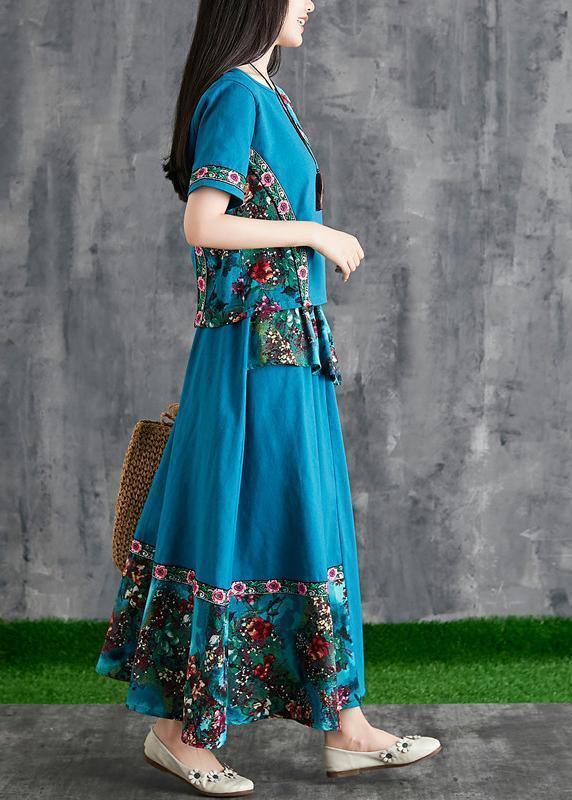 New summer cotton and linen contrast color mosaic blue print small fresh ethnic wind  two-piece - SooLinen