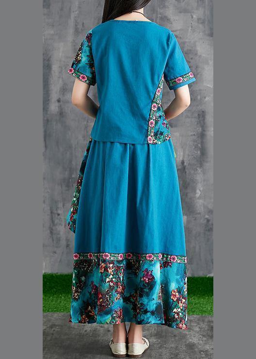 New summer cotton and linen contrast color mosaic blue print small fresh ethnic wind  two-piece - SooLinen