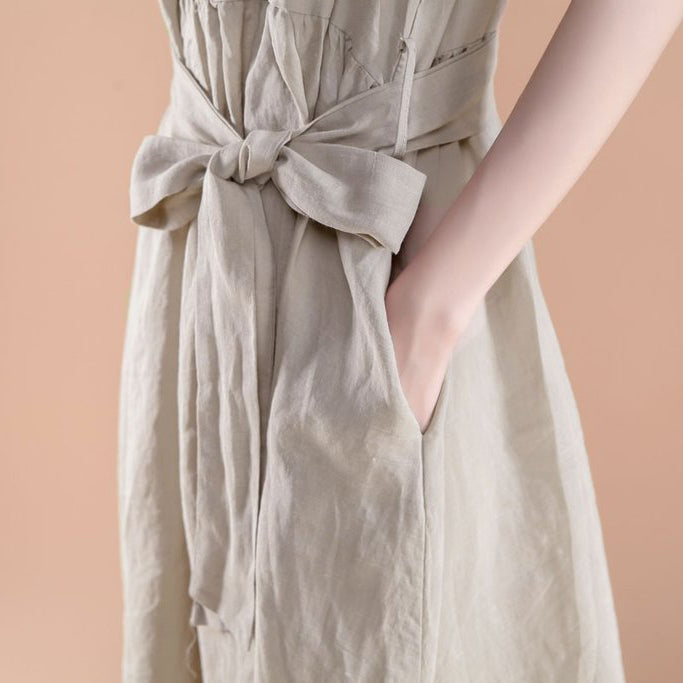 Neue Sommerkleider Locker sitzendes Kurzarm-Plissee-Gürtel-Sommer-Casual-Beige-Kleid