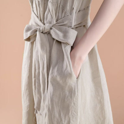 Neue Sommerkleider Locker sitzendes Kurzarm-Plissee-Gürtel-Sommer-Casual-Beige-Kleid