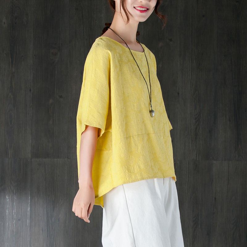 Neue Sommer T-Shirt Plus Size Kleidung Lose 12 Ärmel Gelb Jacquard Baumwolle Tops