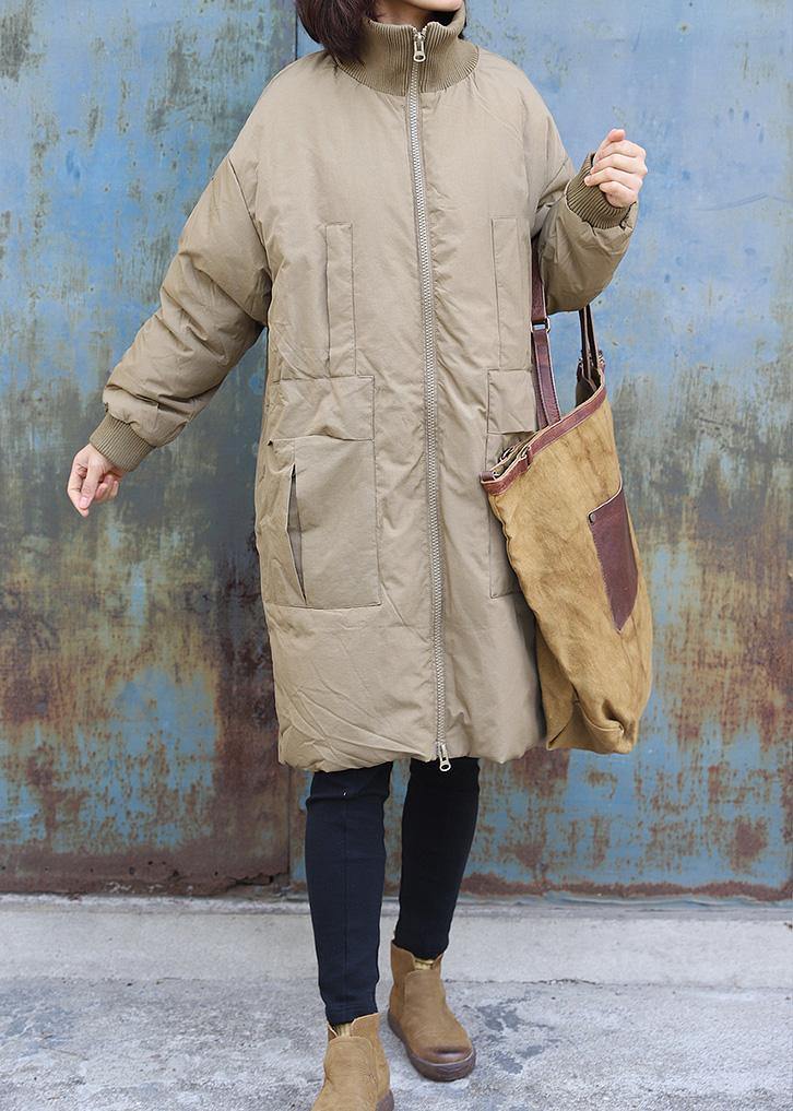 New trendy plus size snow jackets stand collar outwear khaki zippered warm winter coat - SooLinen