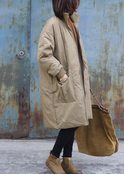 New trendy plus size snow jackets stand collar outwear khaki zippered warm winter coat - SooLinen