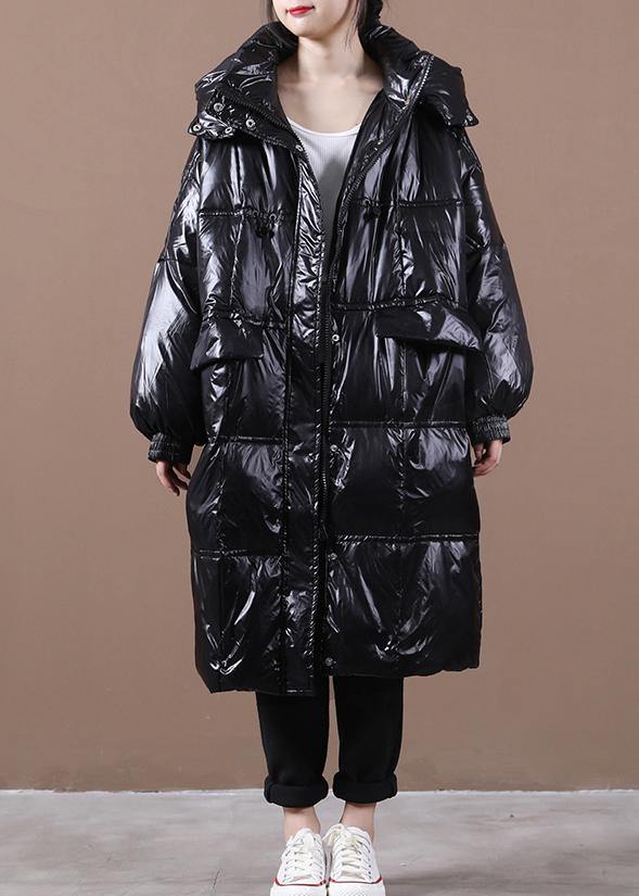 New trendy plus size womens parka coats black hooded pockets zippered down coats - SooLinen