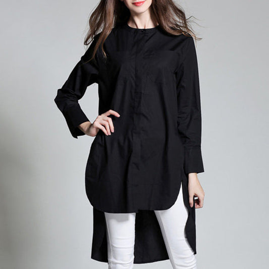 Neues weißes Baumwoll-T-Shirt in Midi-Länge, Übergrößen, Maxi-T-Shirts aus Baumwolle, feiner Stehkragen, niedriges Design, Baumwoll-T-Shirt