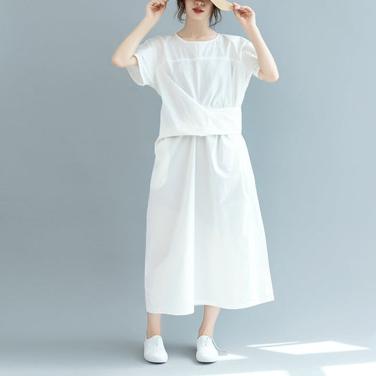 Neues weißes Maxikleid aus Baumwolle, locker sitzender O-Ausschnitt, taillierte Reisekleidung 2018, kurzärmelige Baggy-Kleider
