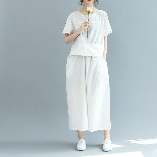 Neues weißes Maxikleid aus Baumwolle, locker sitzender O-Ausschnitt, taillierte Reisekleidung 2018, kurzärmelige Baggy-Kleider