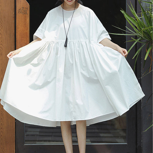 Neues weißes Maxikleid aus Baumwolle, lässig, O-Ausschnitt, Baggy-Kleider, elegante Kurzarmkleider mit großem Saum
