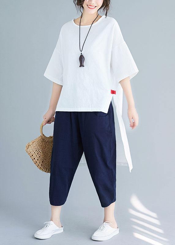 New women's solid color five-point sleeves white shirt casual harem pants two-piece - SooLinen
