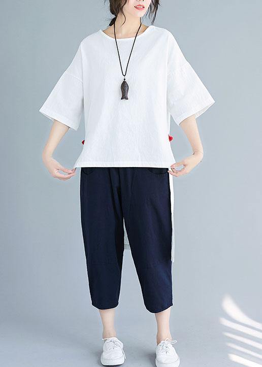 New women's solid color five-point sleeves white shirt casual harem pants two-piece - SooLinen