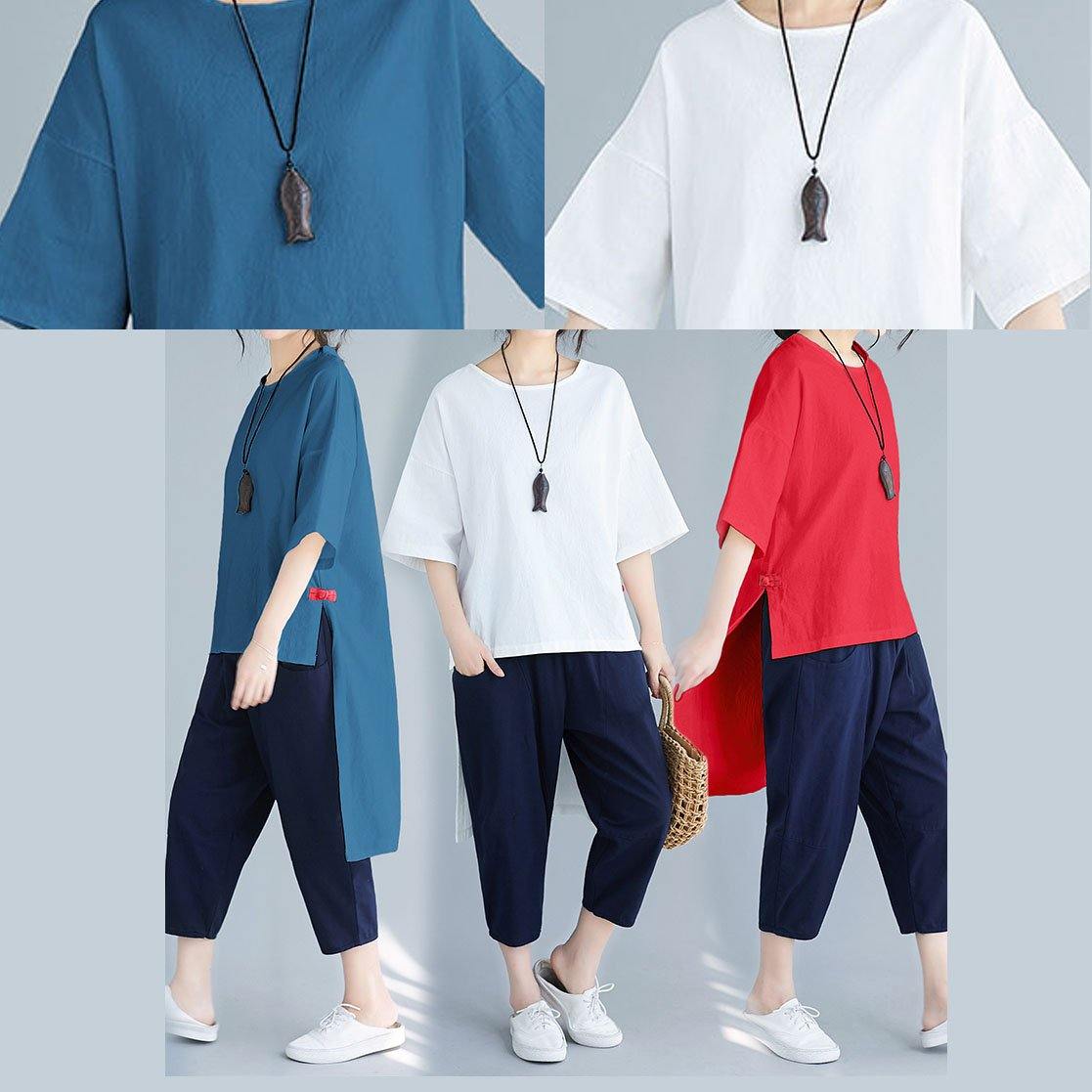 New women's solid color five-point sleeves white shirt casual harem pants two-piece - SooLinen