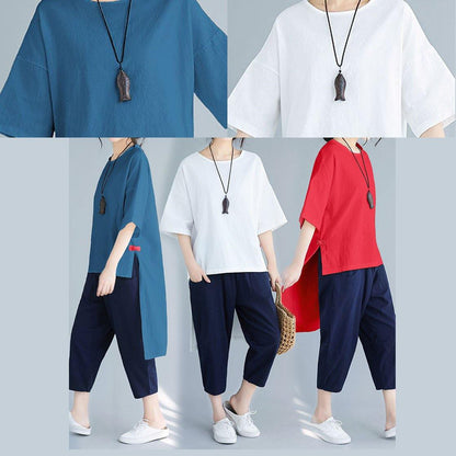 New women's solid color five-point sleeves white shirt casual harem pants two-piece - SooLinen