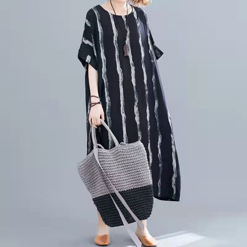Neues schwarzes Kniekleid aus Baumwolle Locker sitzendes Freizeitkleid Damen Kurzarm Baggy-Kleider Print O-Ausschnitt Baumwollkleider