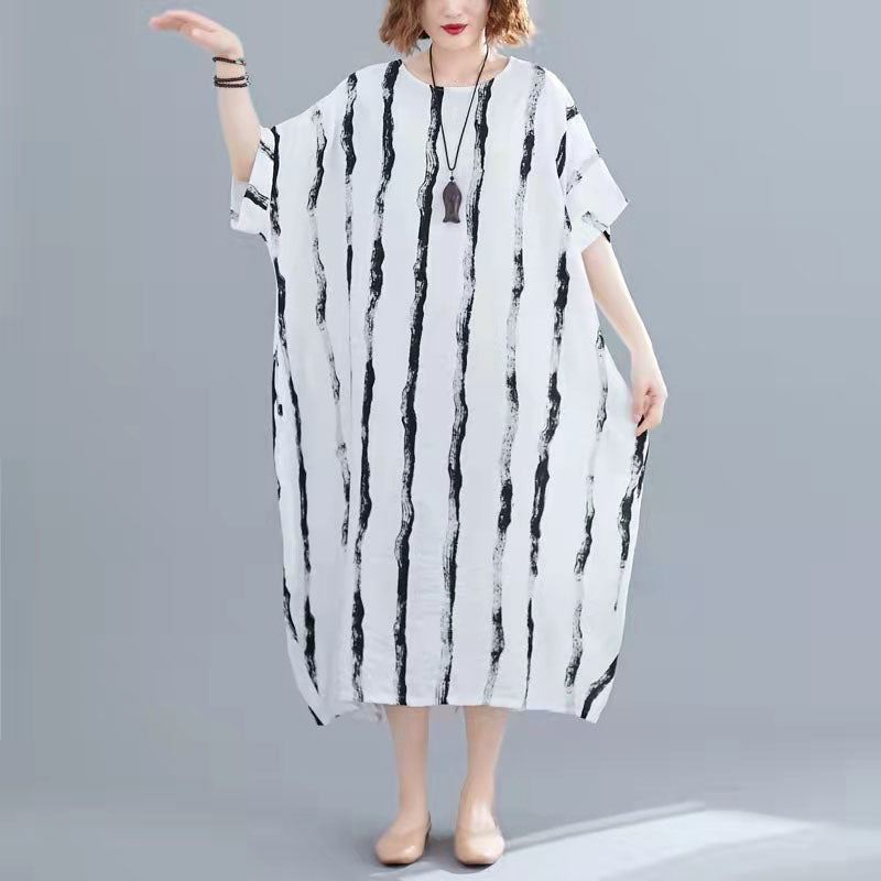Neues schwarzes Kniekleid aus Baumwolle Locker sitzendes Freizeitkleid Damen Kurzarm Baggy-Kleider Print O-Ausschnitt Baumwollkleider