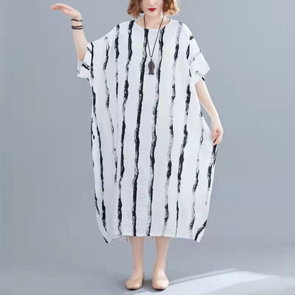 Neues schwarzes Kniekleid aus Baumwolle Locker sitzendes Freizeitkleid Damen Kurzarm Baggy-Kleider Print O-Ausschnitt Baumwollkleider