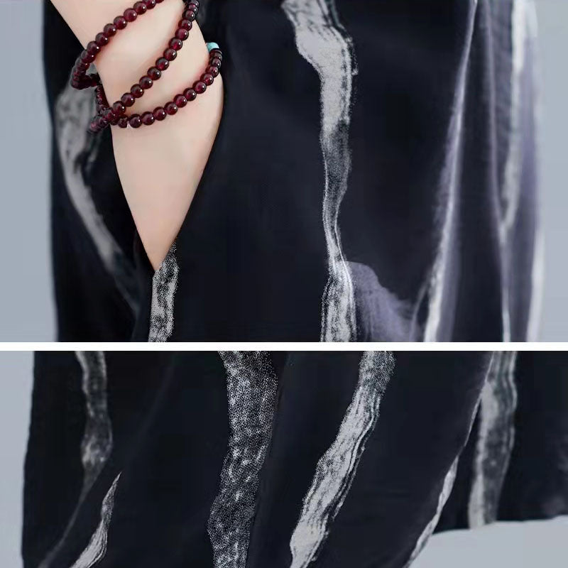 Neues schwarzes Kniekleid aus Baumwolle Locker sitzendes Freizeitkleid Damen Kurzarm Baggy-Kleider Print O-Ausschnitt Baumwollkleider
