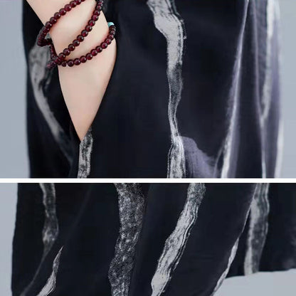 Neues schwarzes Kniekleid aus Baumwolle Locker sitzendes Freizeitkleid Damen Kurzarm Baggy-Kleider Print O-Ausschnitt Baumwollkleider