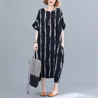Neues schwarzes Kniekleid aus Baumwolle Locker sitzendes Freizeitkleid Damen Kurzarm Baggy-Kleider Print O-Ausschnitt Baumwollkleider
