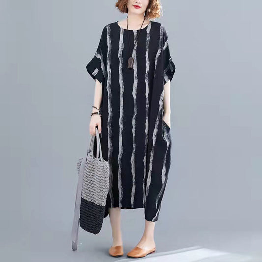 Neues schwarzes Kniekleid aus Baumwolle Locker sitzendes Freizeitkleid Damen Kurzarm Baggy-Kleider Print O-Ausschnitt Baumwollkleider