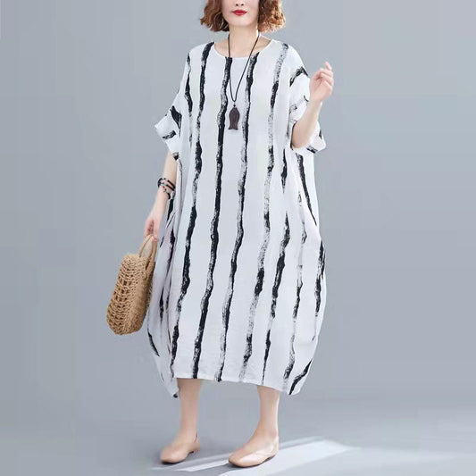 Neues schwarzes Kniekleid aus Baumwolle Locker sitzendes Freizeitkleid Damen Kurzarm Baggy-Kleider Print O-Ausschnitt Baumwollkleider