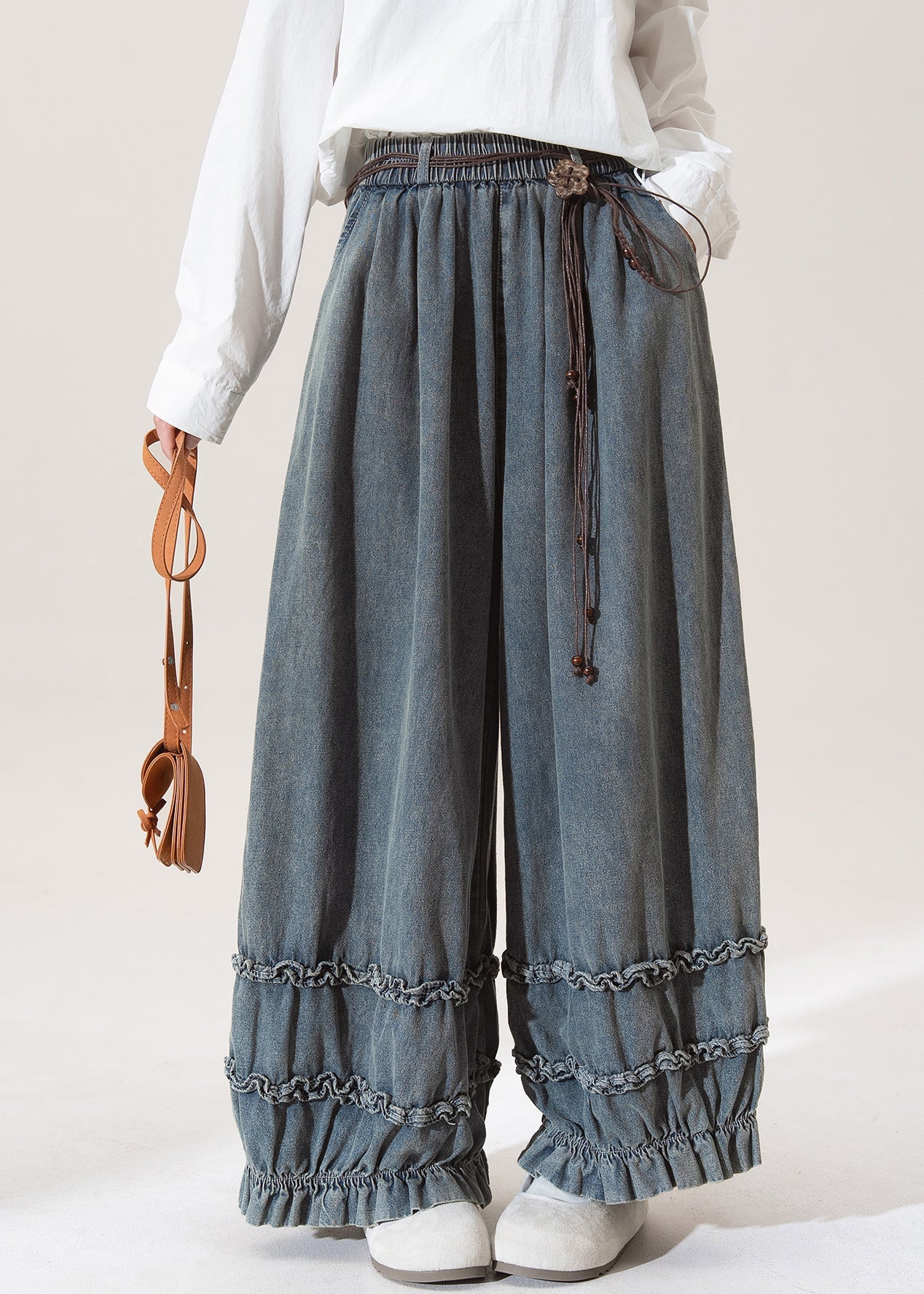 Nostalgic Blue Patchwork Elastic Waist Wide Leg Jeans