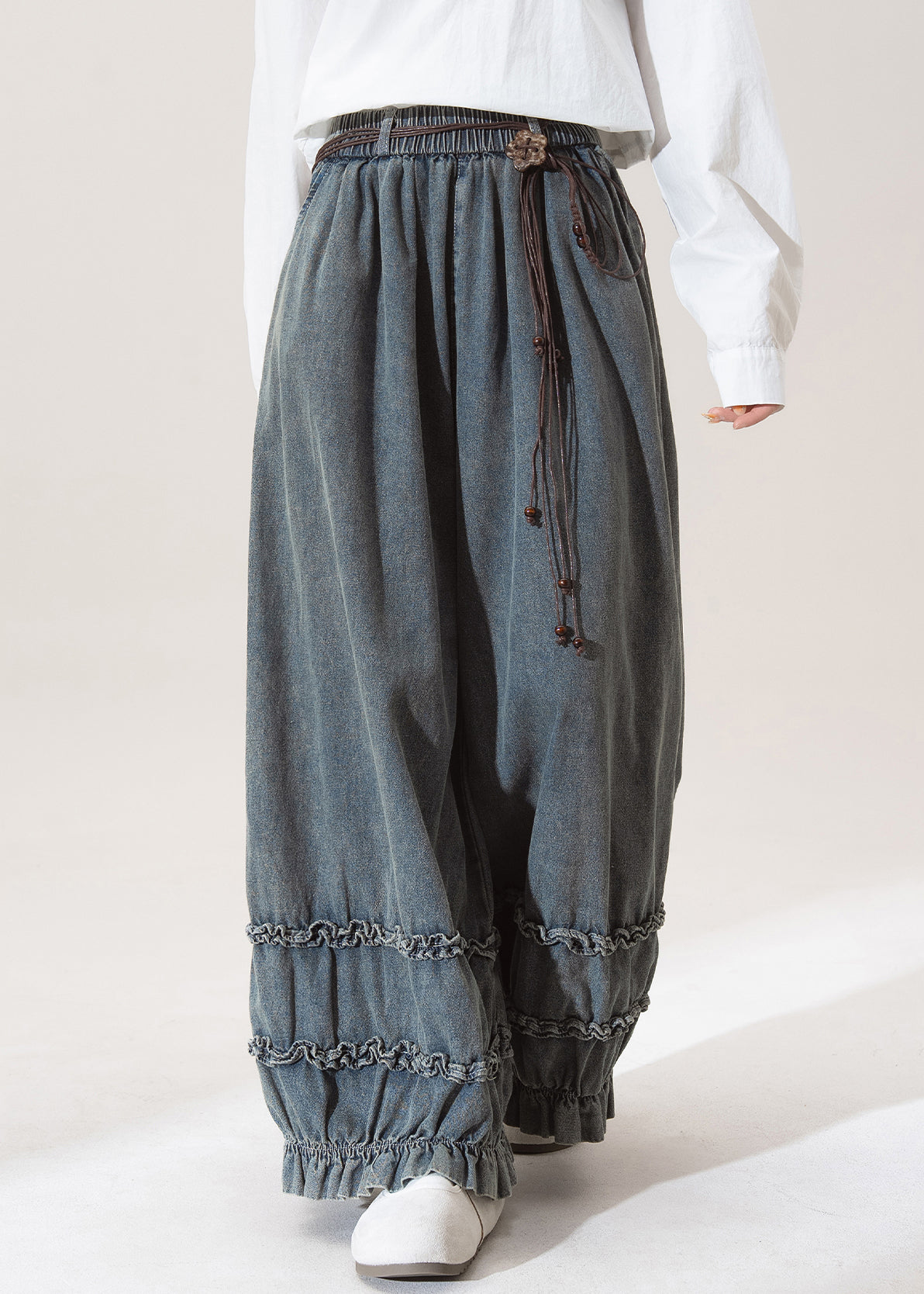 Nostalgic Blue Patchwork Elastic Waist Wide Leg Jeans