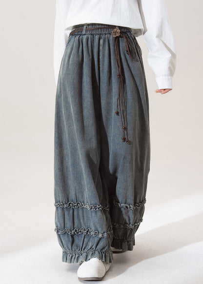 Nostalgic Blue Patchwork Elastic Waist Wide Leg Jeans