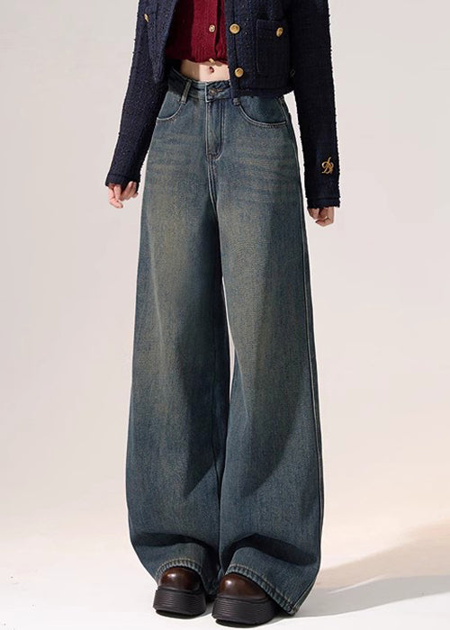 Nostalgische blaue, warme Fleece-Denimhose mit Taschen, weitem Bein und hohem Bund